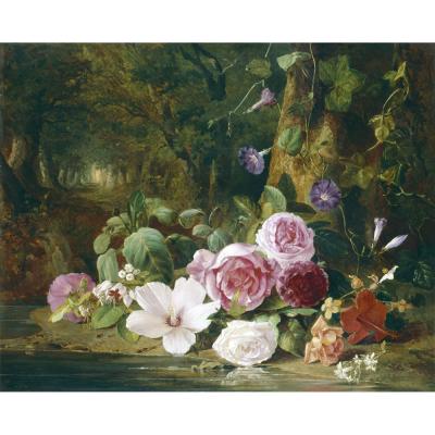 Jean Baptiste Robie – Still Life of Flowers by a Woodland Stream